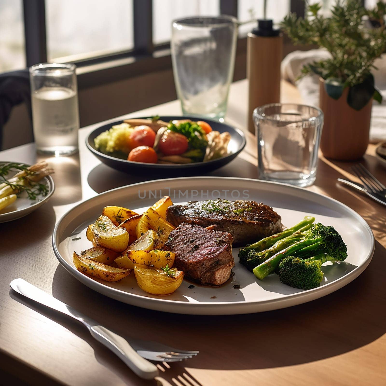 Grilled steak and vegetables on a dining table.