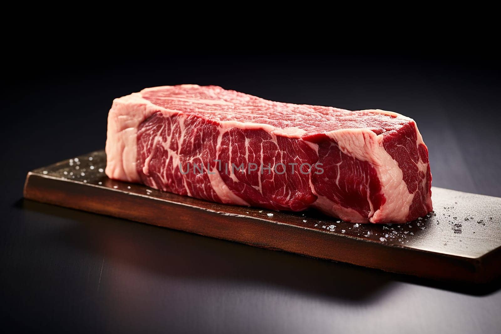 Raw high-quality steak on a wooden cutting board, ready for cooking.