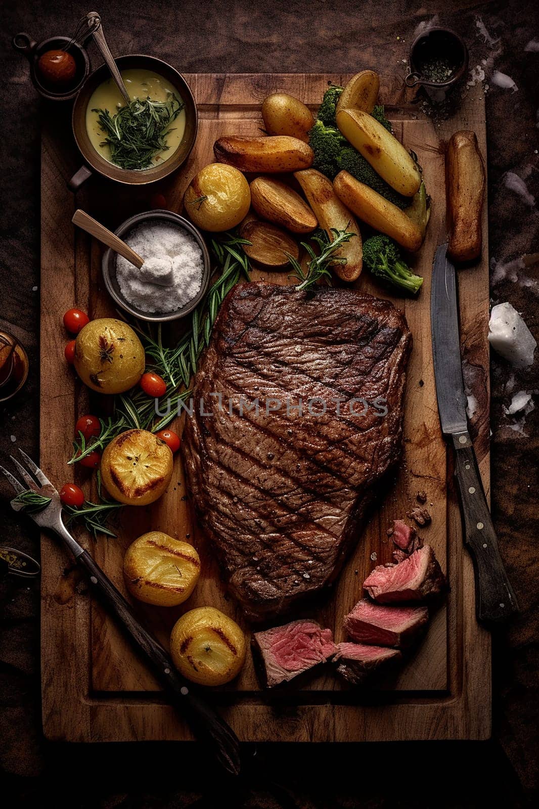Grilled steak with herbs and potatoes on rustic table.