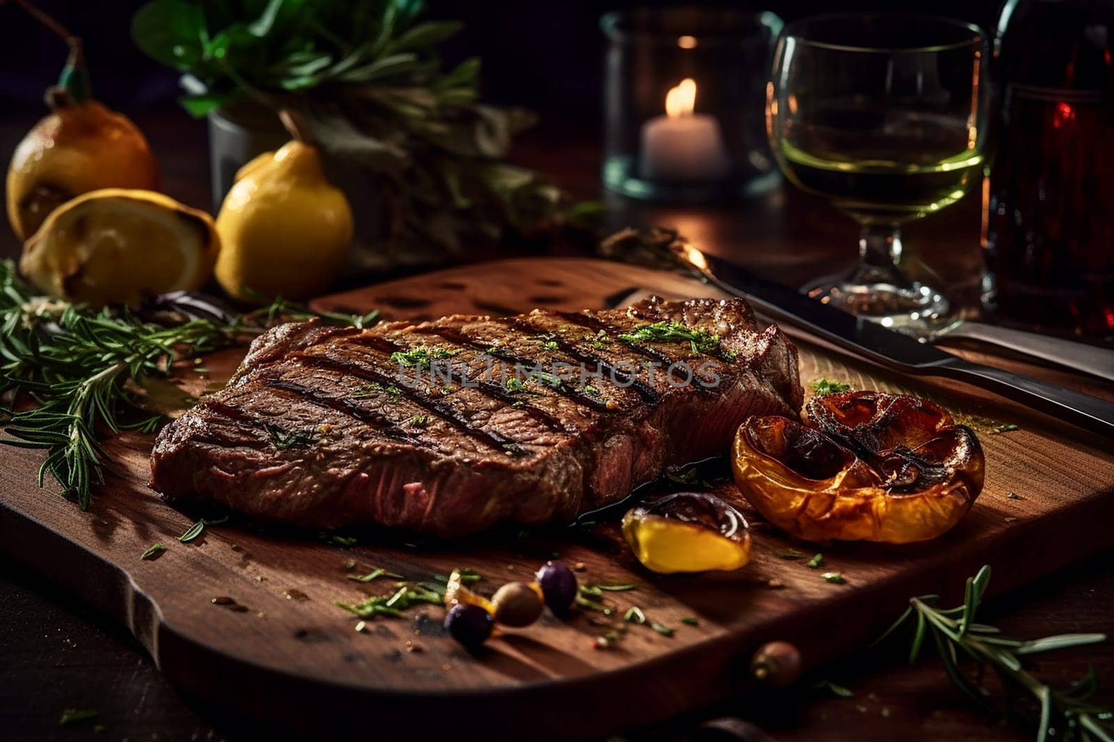 Grilled steak seasoned with herbs on wooden board, elegant dining.