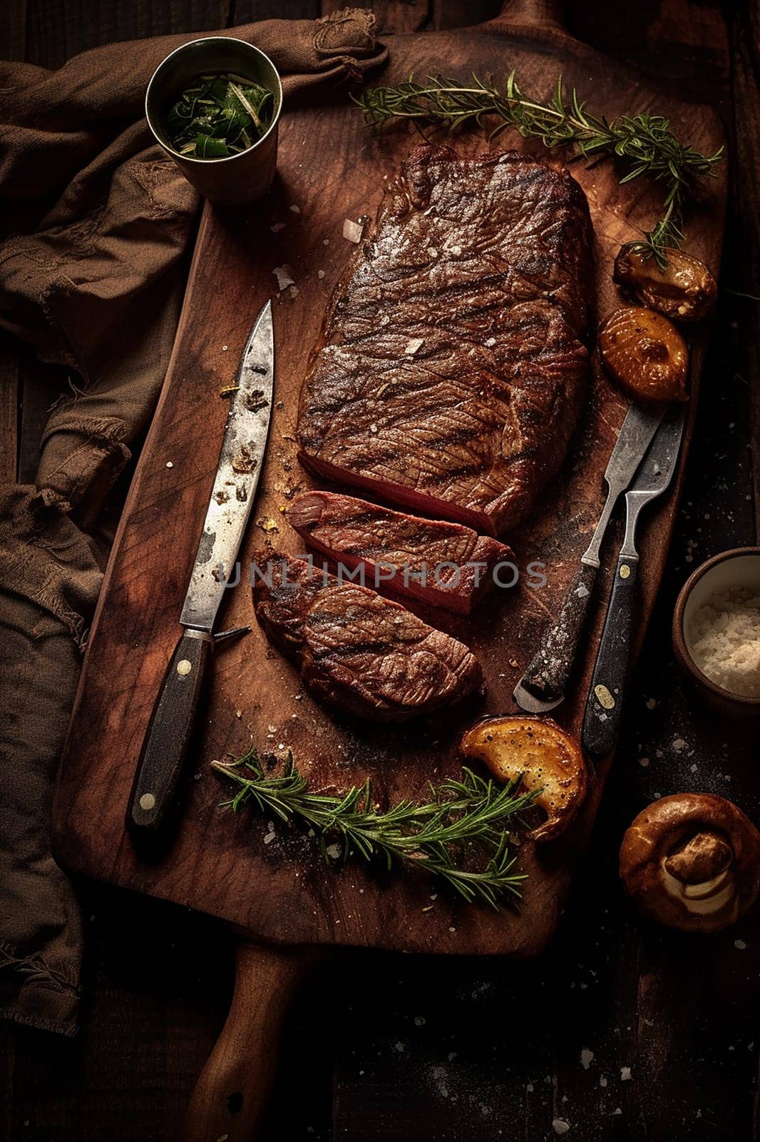 A juicy steak cooked to perfection, served with herbs and sides.