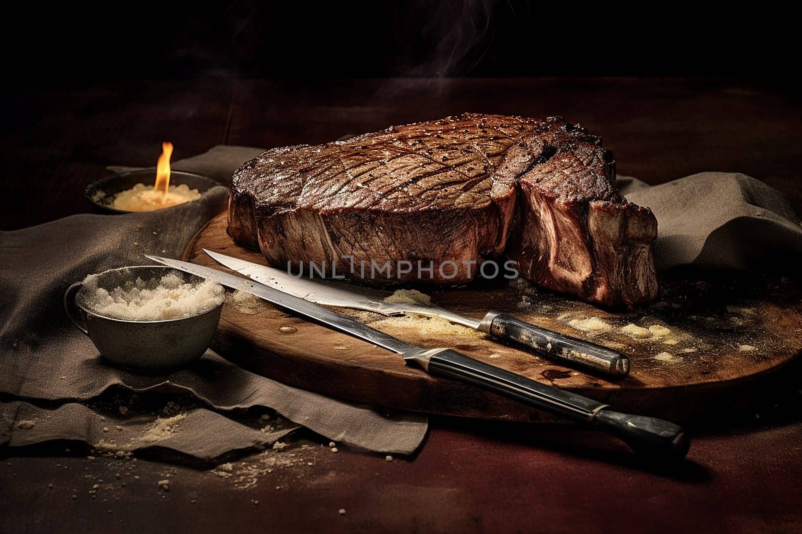 Juicy grilled steak on a cutting board with knife and fork