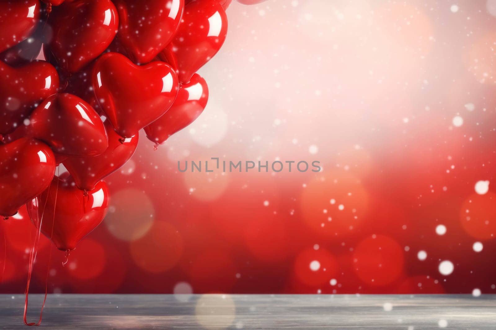 Vibrant red heart balloons bunched together, with a sparkling red festive background suggestive of celebrations.