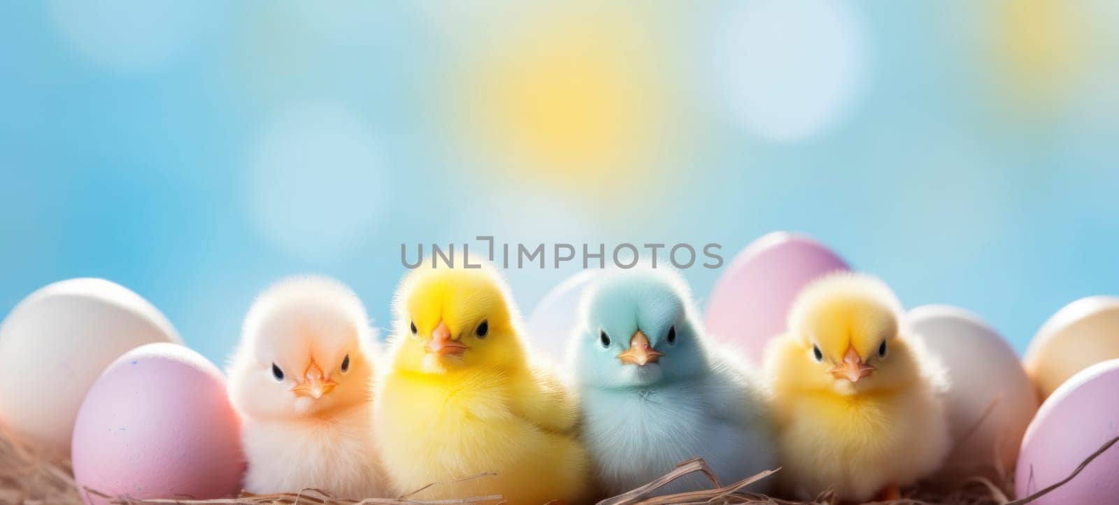 Cute chicks amidst pastel Easter eggs