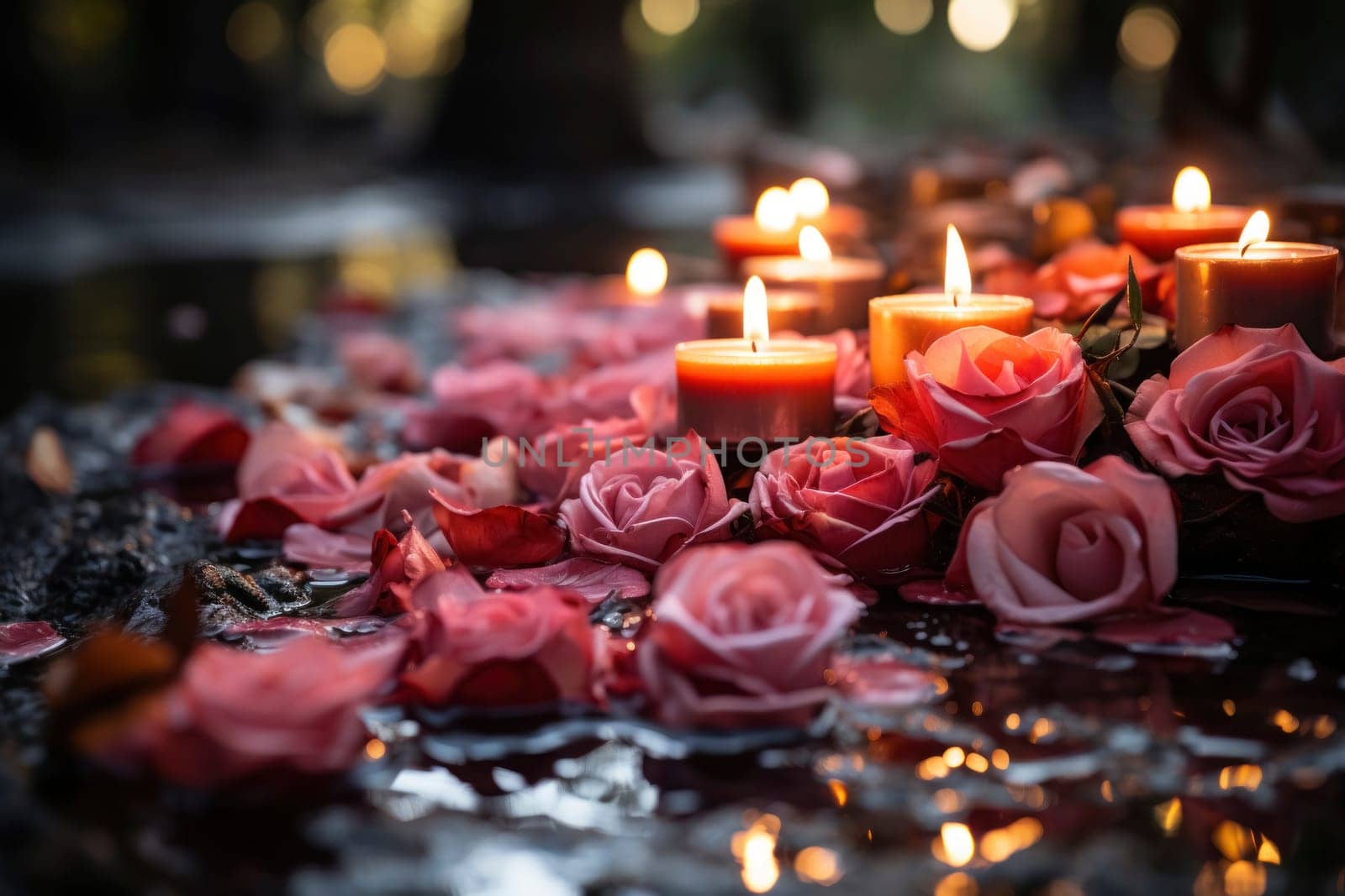 An intimate setting with pink roses and lit candles on a reflective surface, creating a warm, romantic atmosphere.