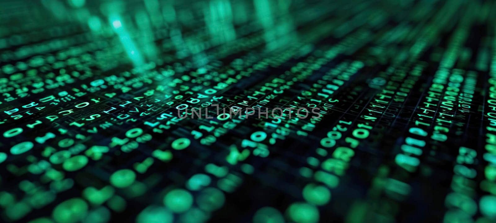 Stream of green matrix code on a screen, depicting concepts of coding and cybersecurity.