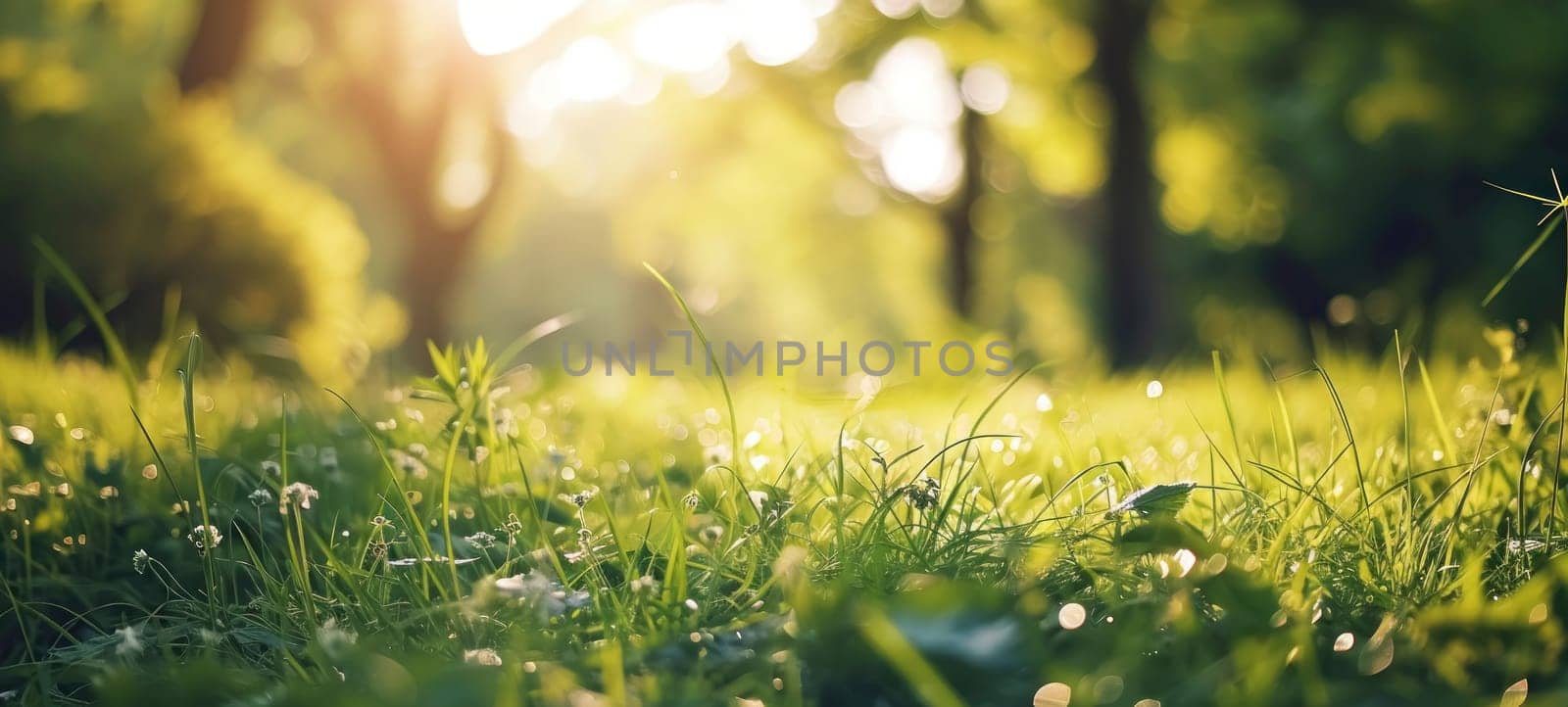 Sunbeams illuminate a fresh grassy field with morning dew