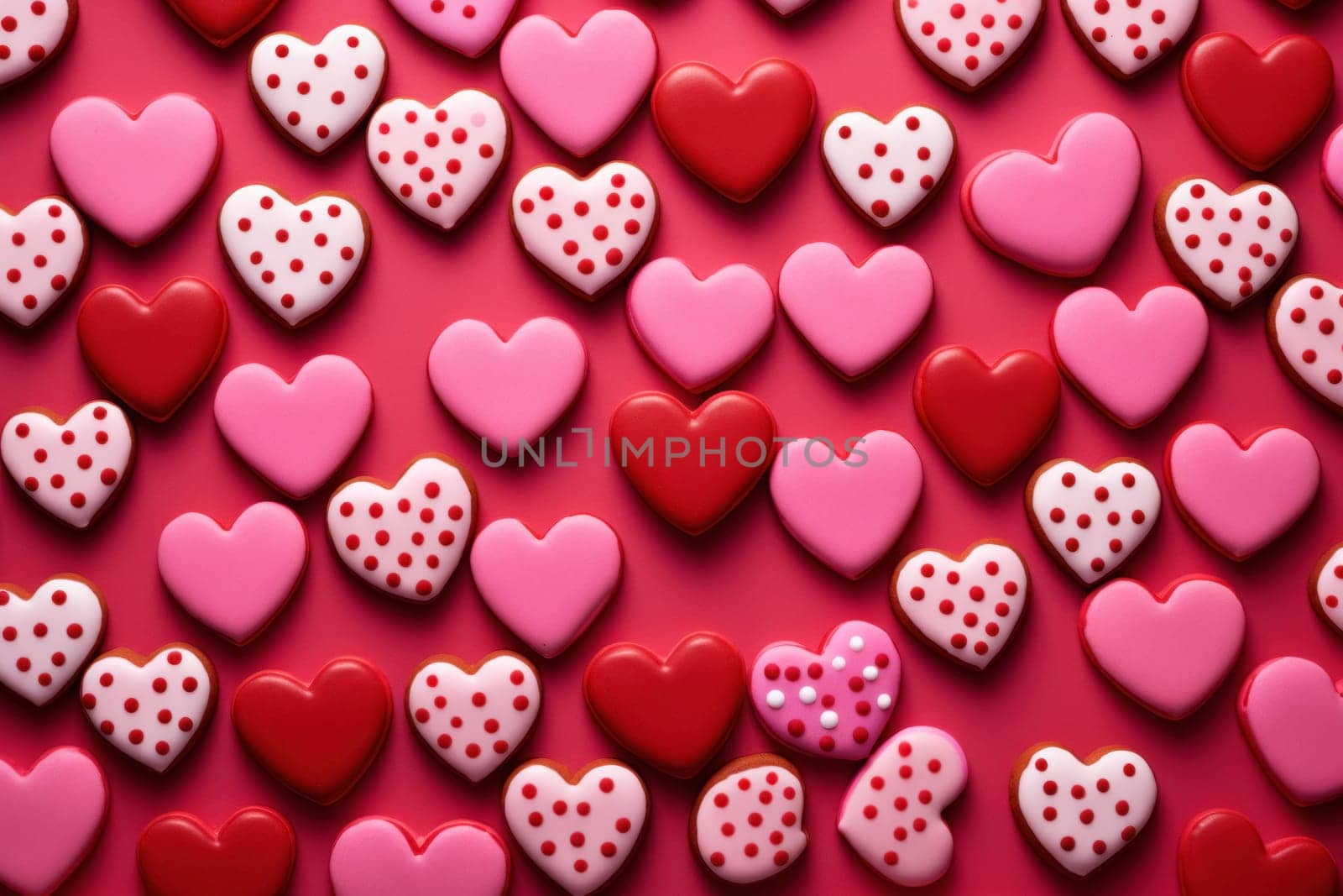 Collection of heart-shaped cookies with various pink patterns on a striking red background, perfect for Valentine's celebrations.