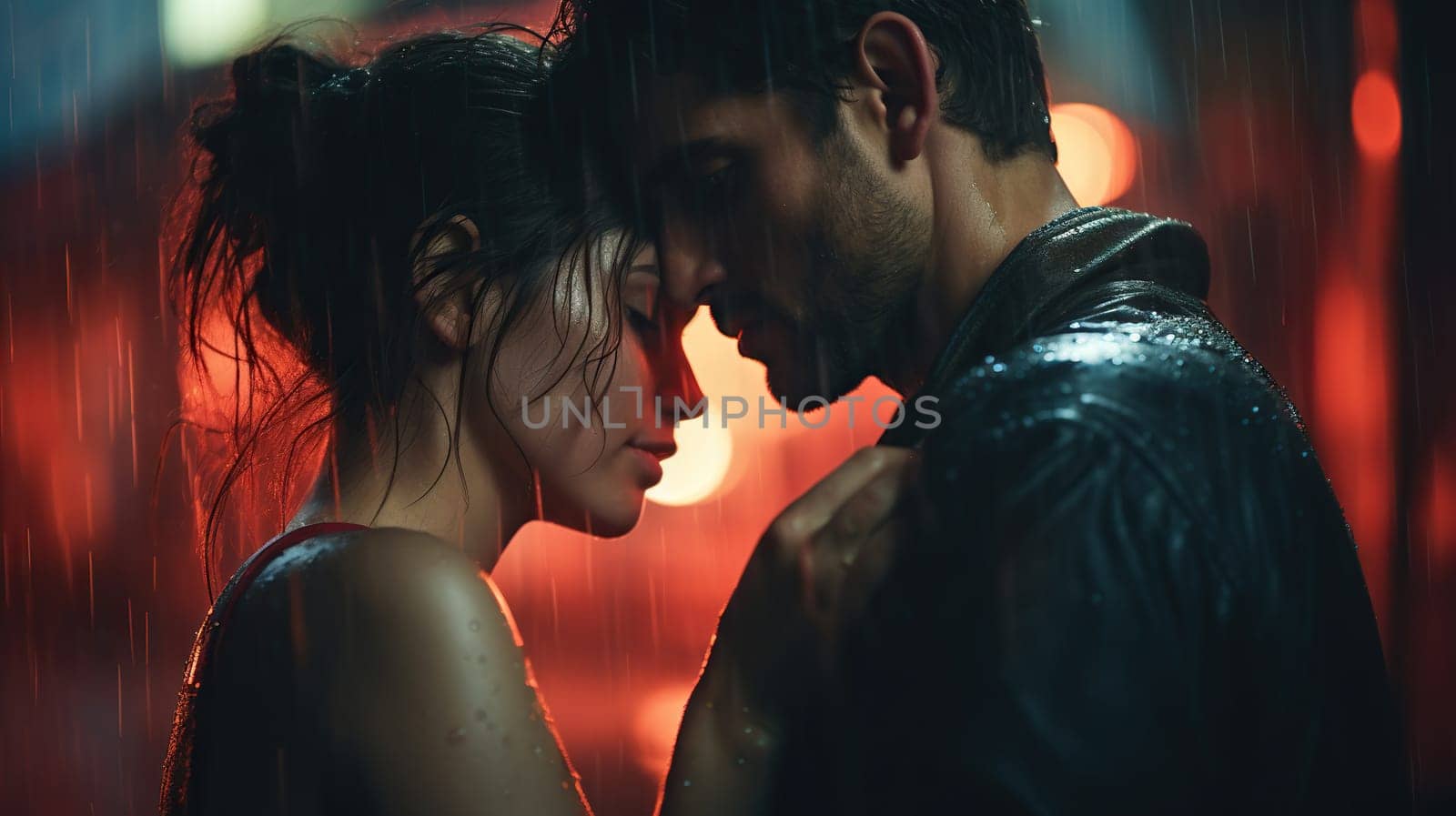 Couple in love in the rain on a blurred background. Photo in cinematic style.