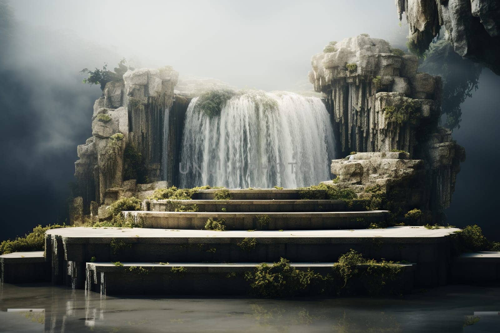 Stone 3D podium for product presentation against the backdrop of a waterfall.