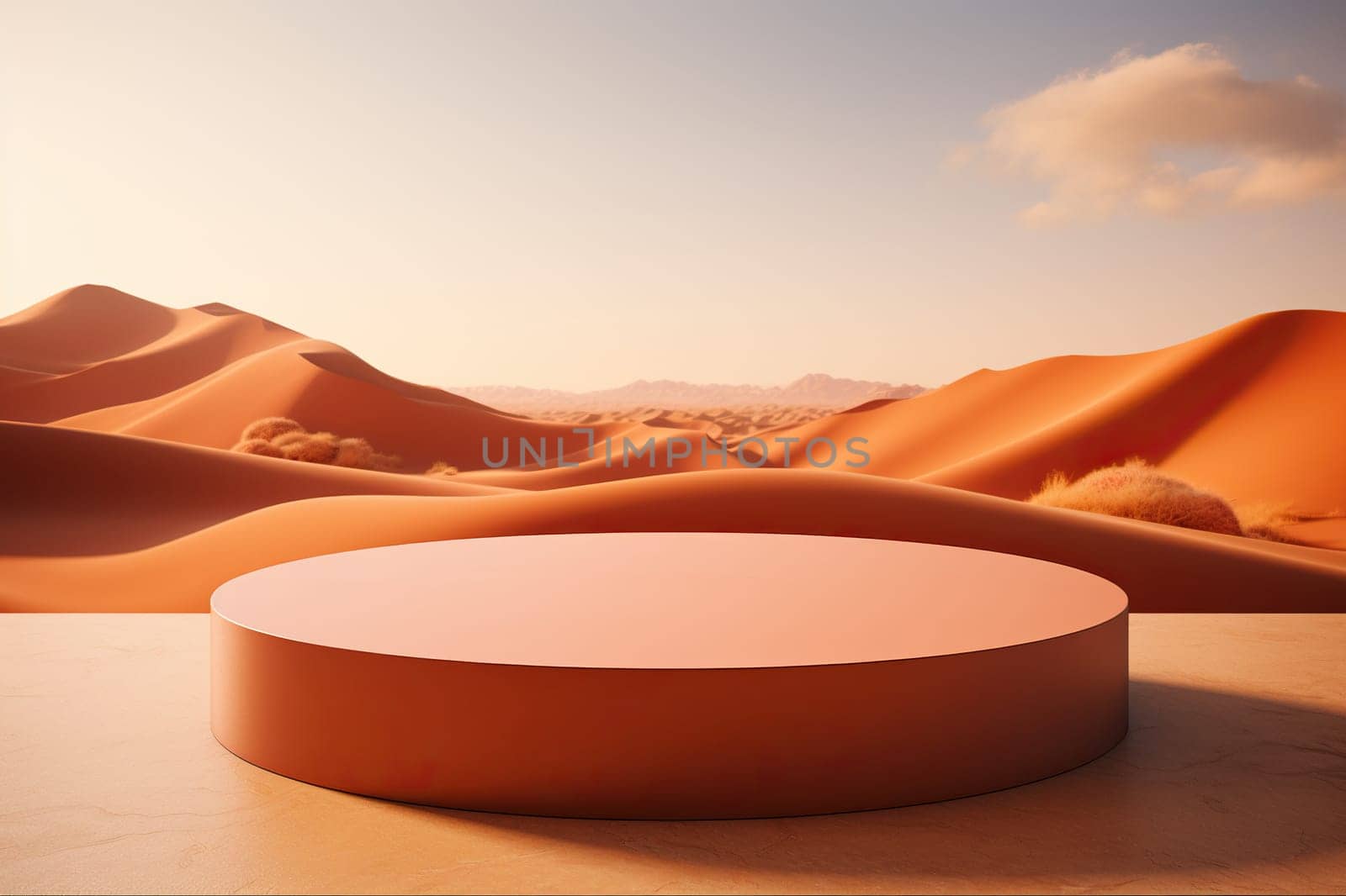 3D podium for demonstrating products against a desert background. Stage for product presentation. Generated by artificial intelligence by Vovmar