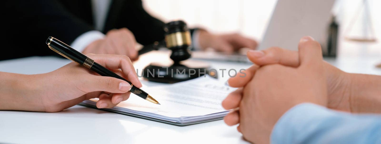 Couples file for divorcing and seek assistance from law firm to divide property after breakup. Obligations contract assist by lawyer in negotiating settlement agreement meeting. Panorama Rigid