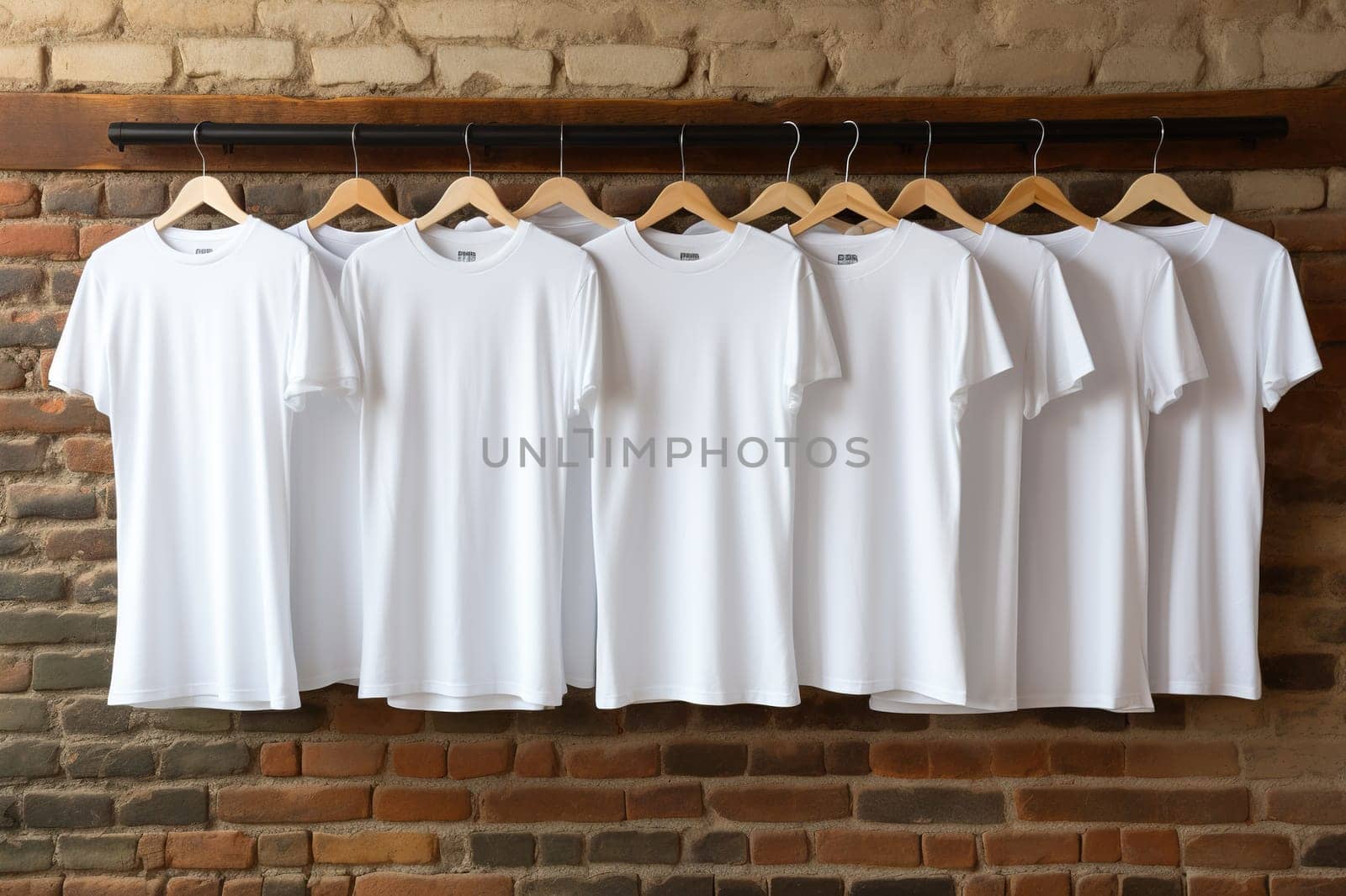 Blank white T-shirts hang on hangers on a brick wall. Generated by artificial intelligence by Vovmar