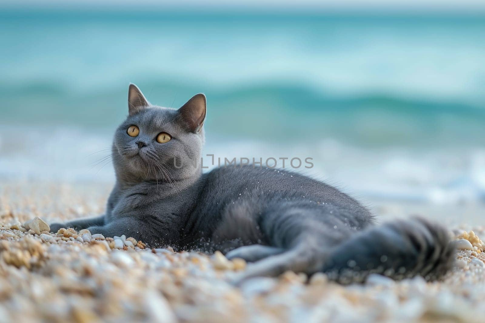 Cute Cat on beach in summer season. Generative AI.