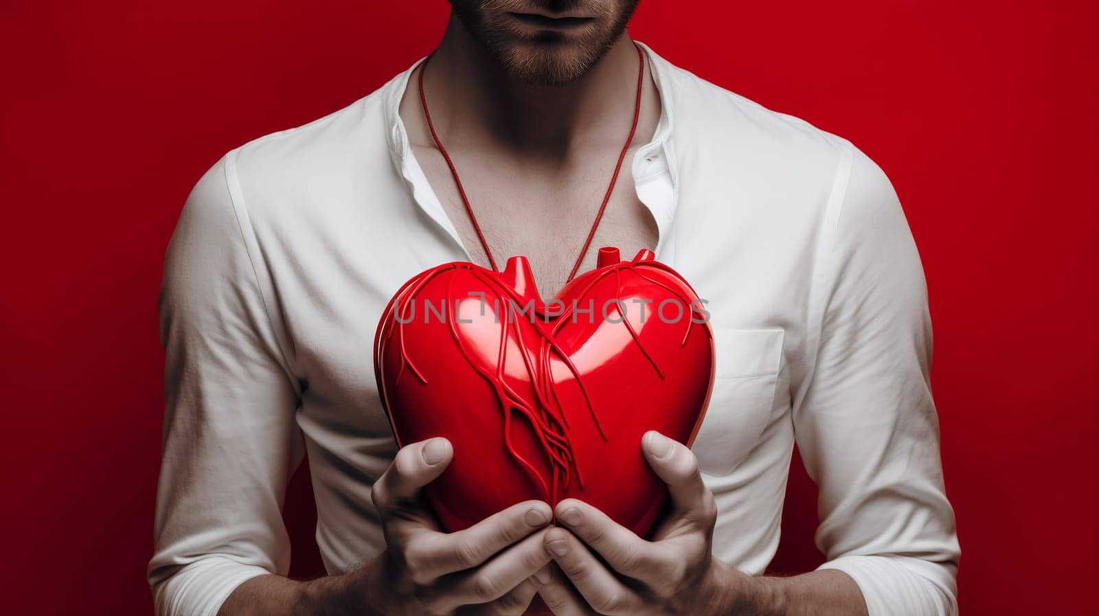 A man holding a heart shaped object in his hand.