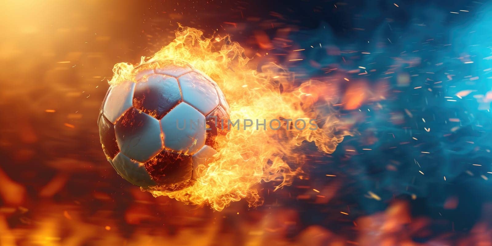 Football with fire aura. champion tournament banner. Generative AI.