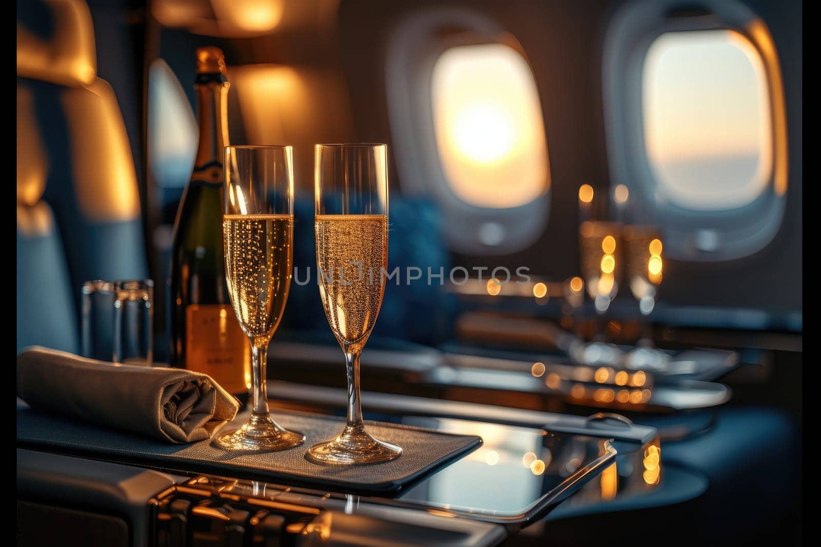 Luxury airline with A set of glasses and champagne. Generative AI by itchaznong