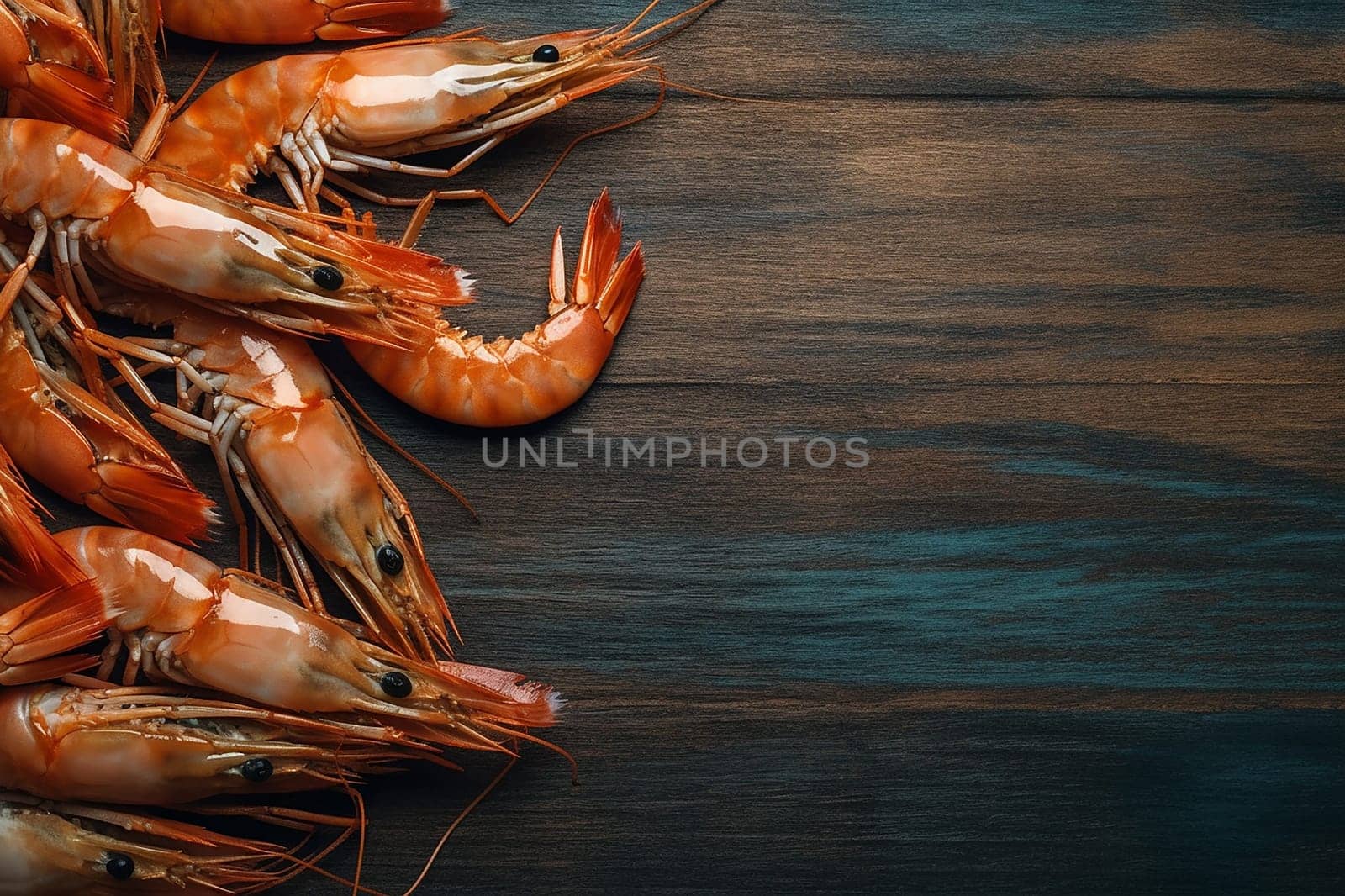 Fresh prawns arranged neatly on a dark wooden surface.