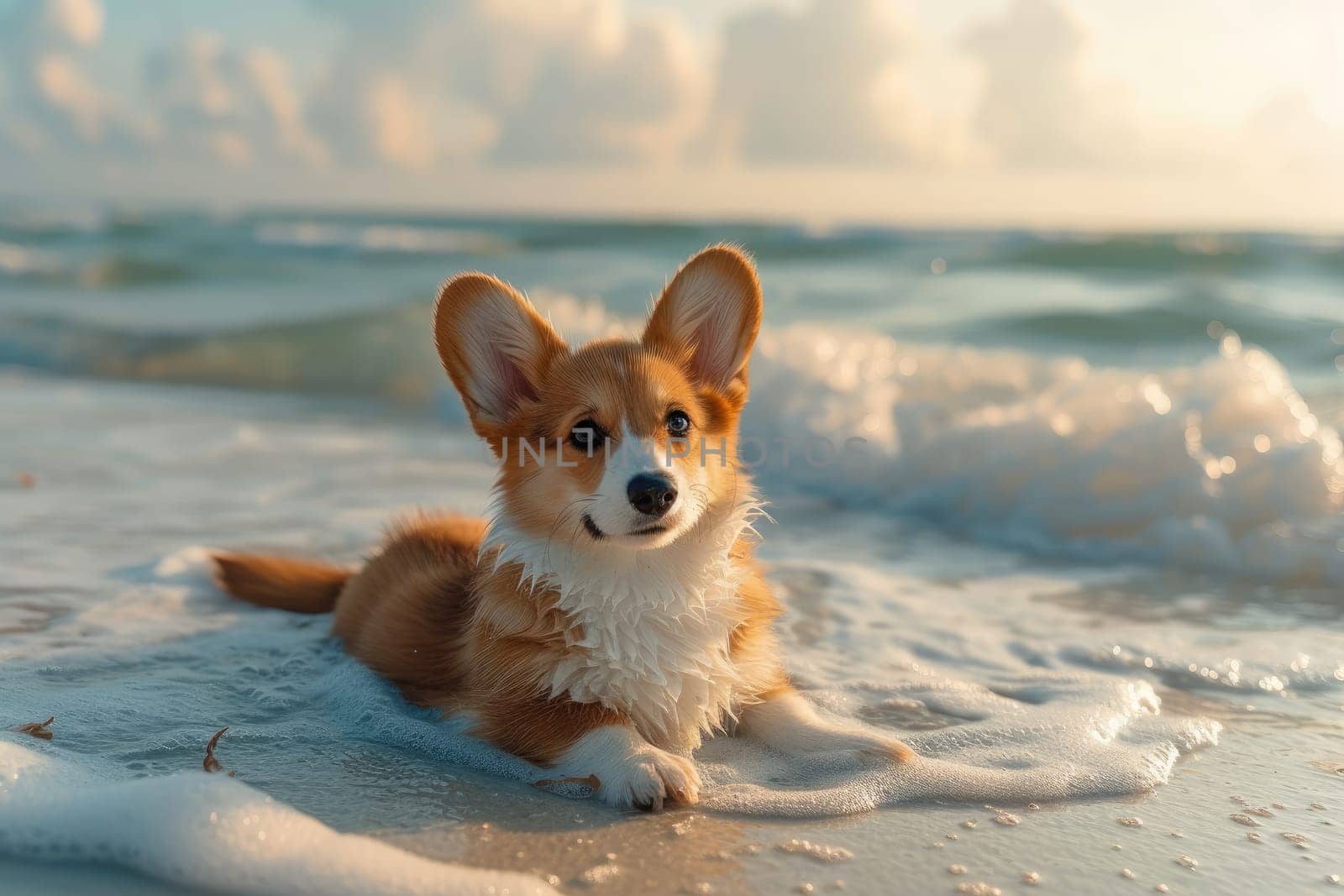 Cute Corgi dog on beach in summer season. Generative AI.