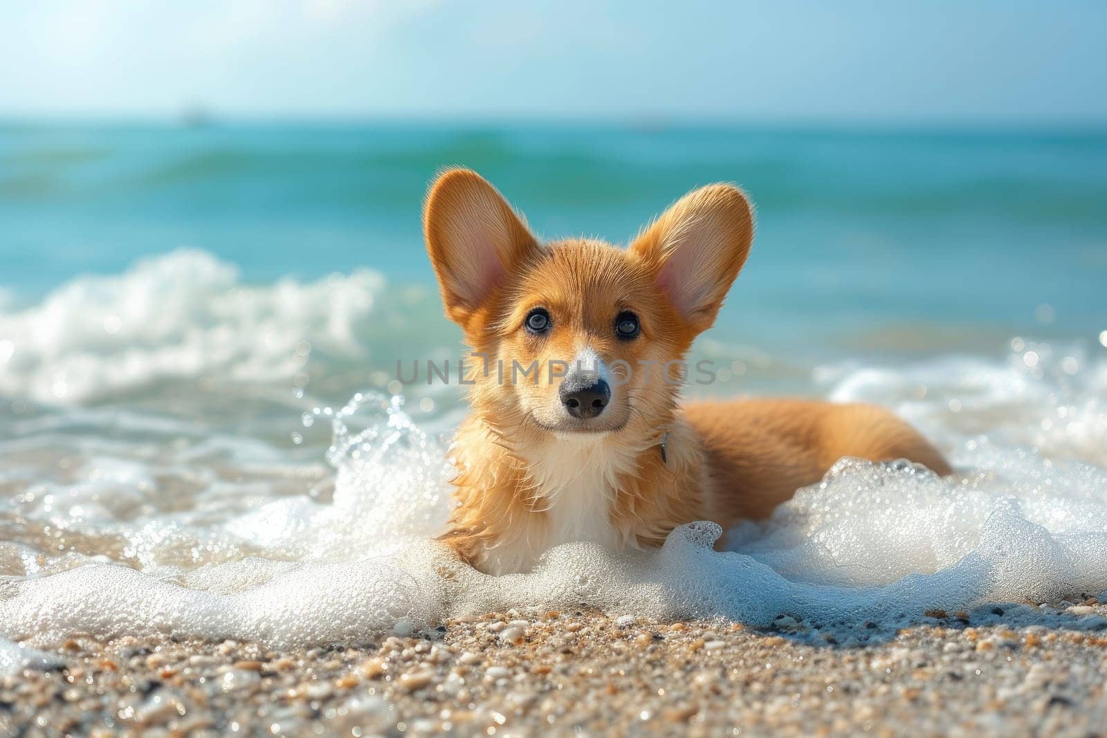 Cute Corgi dog on beach in summer season. Generative AI.