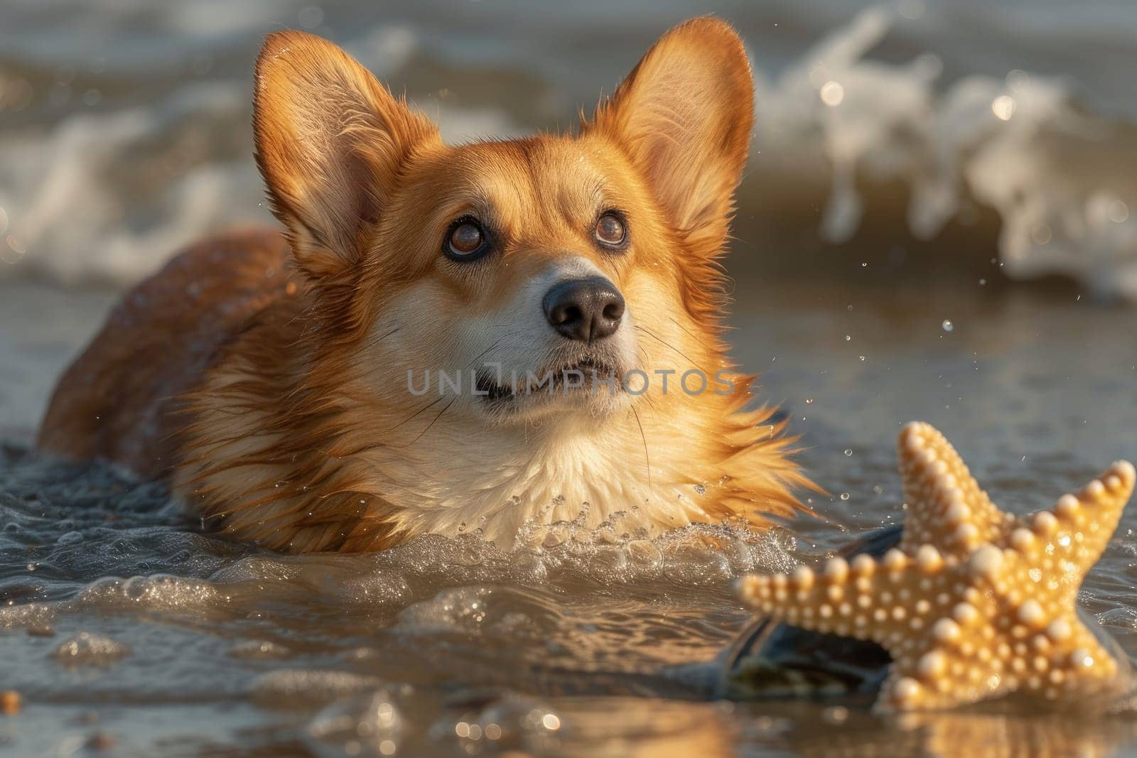 Cute Corgi dog on beach in summer season. Generative AI.