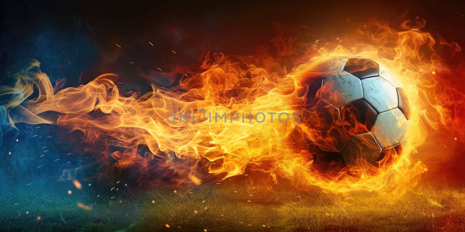 Football with fire aura. champion tournament banner. Generative AI.