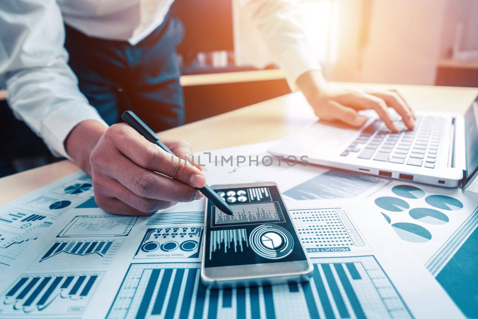 Businessman accountant or financial expert analyze business report graph and finance chart at corporate office. Concept of finance economy, banking business and stock market research. uds