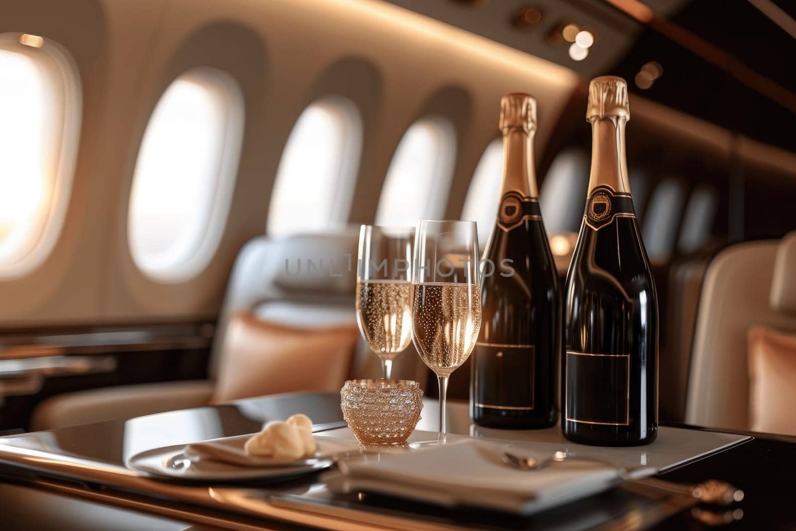 Luxury airline with A set of glasses and champagne. Generative AI by itchaznong