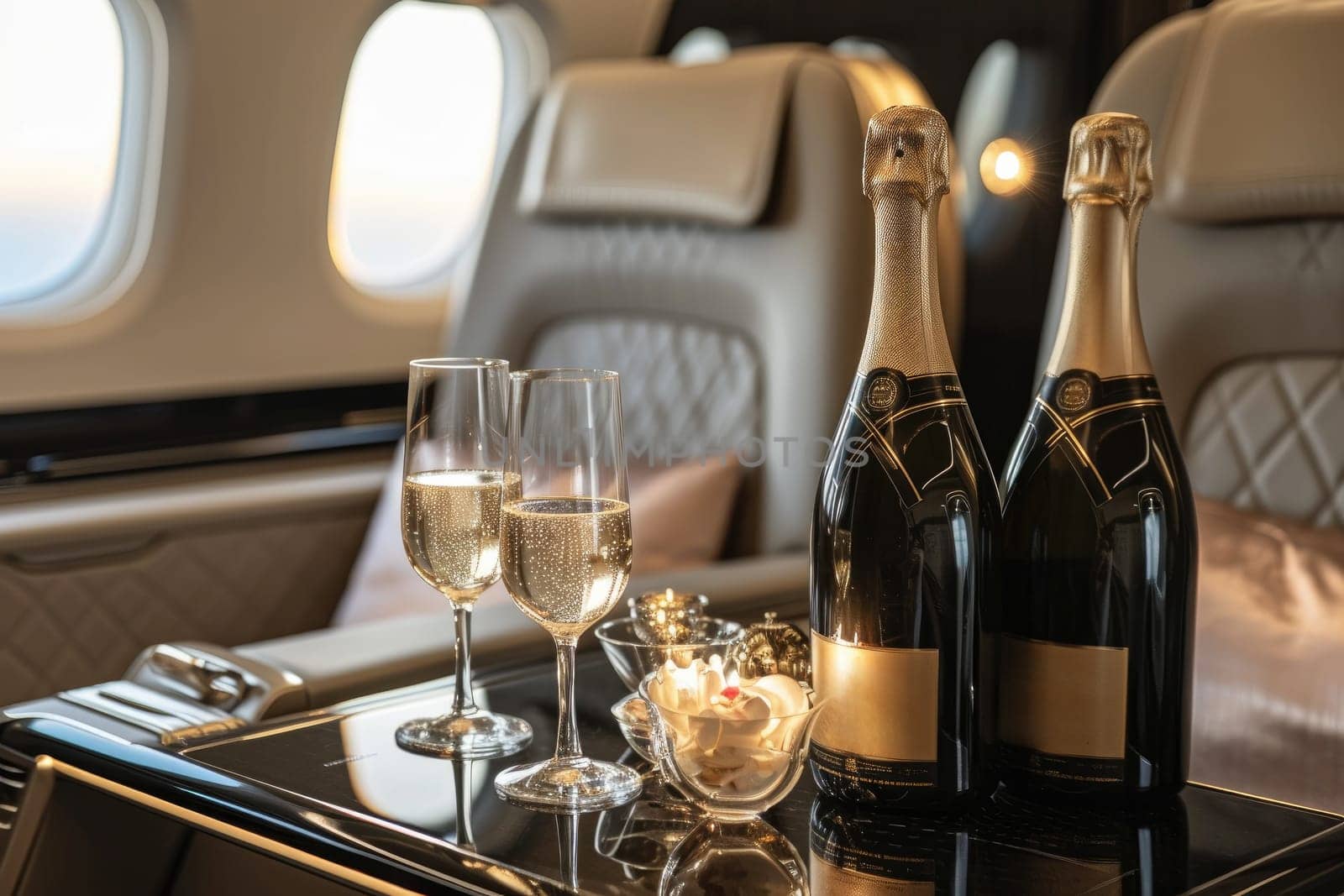 Luxury airline with A set of glasses and champagne. Generative AI by itchaznong