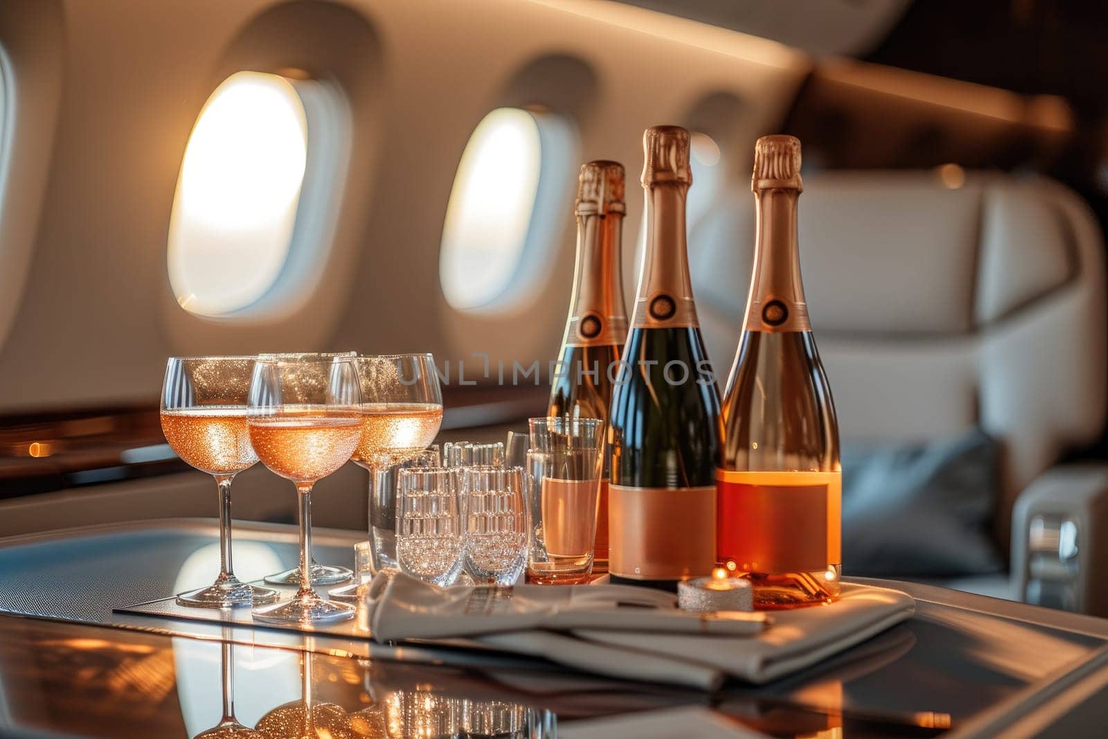 Luxury airline with A set of glasses and champagne. Generative AI by itchaznong