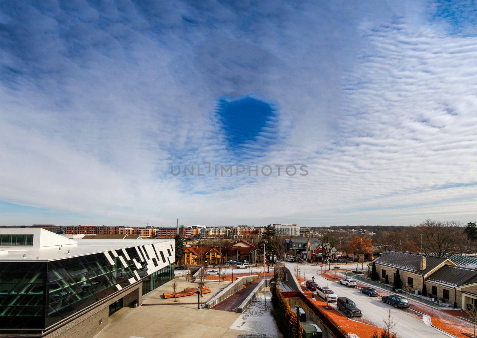 View of Bridge Park and Historic Dublin, Ohio Under a Cloudy Sky