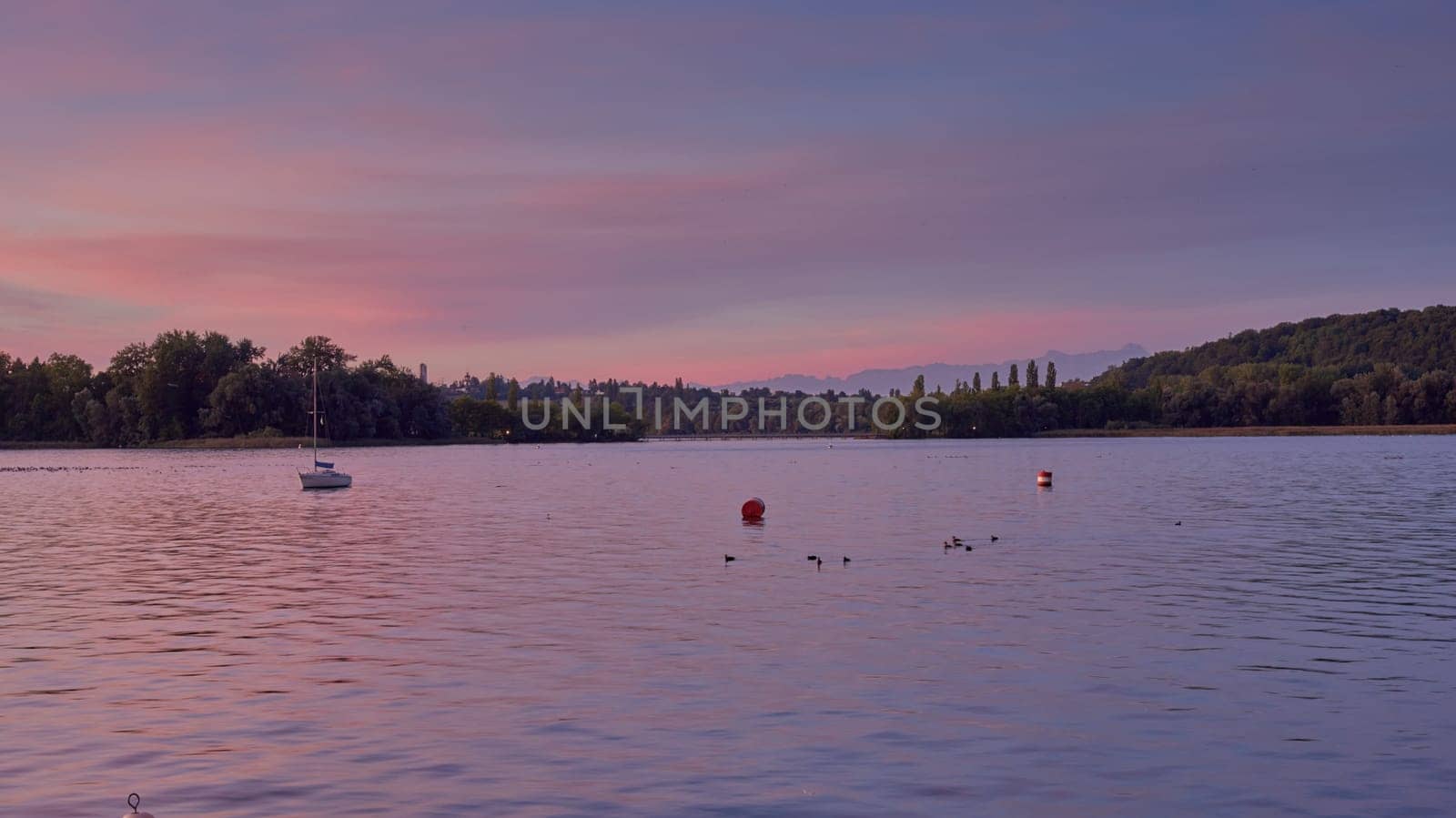 Sunset Overlooking Lake Bodensee in Germany. Bodensee Lake Sunset Panorama. Evening Sunlight Over Tranquil Waters. Sunset Vista at Lake Bodensee in Germany. by Andrii_Ko