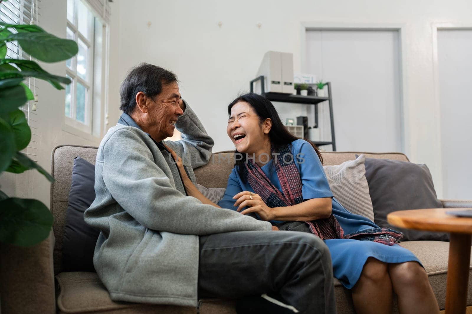 Older couples sit and chat and head over each other relaxed and happy on sofa at home on weekday in comfortable.