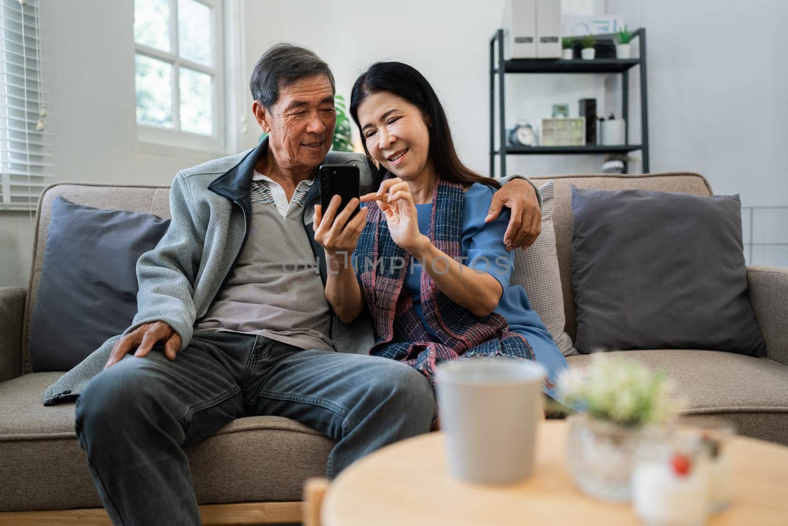 Retired elderly couple sits on couch using mobile together and relax in their home. Senior Activity Concept.