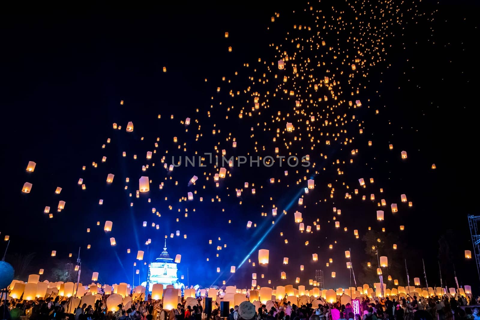 Sky lantern mass release event for Yee Peng and Loy Krathong festival in Chiang Mai, Thailand, south east asia