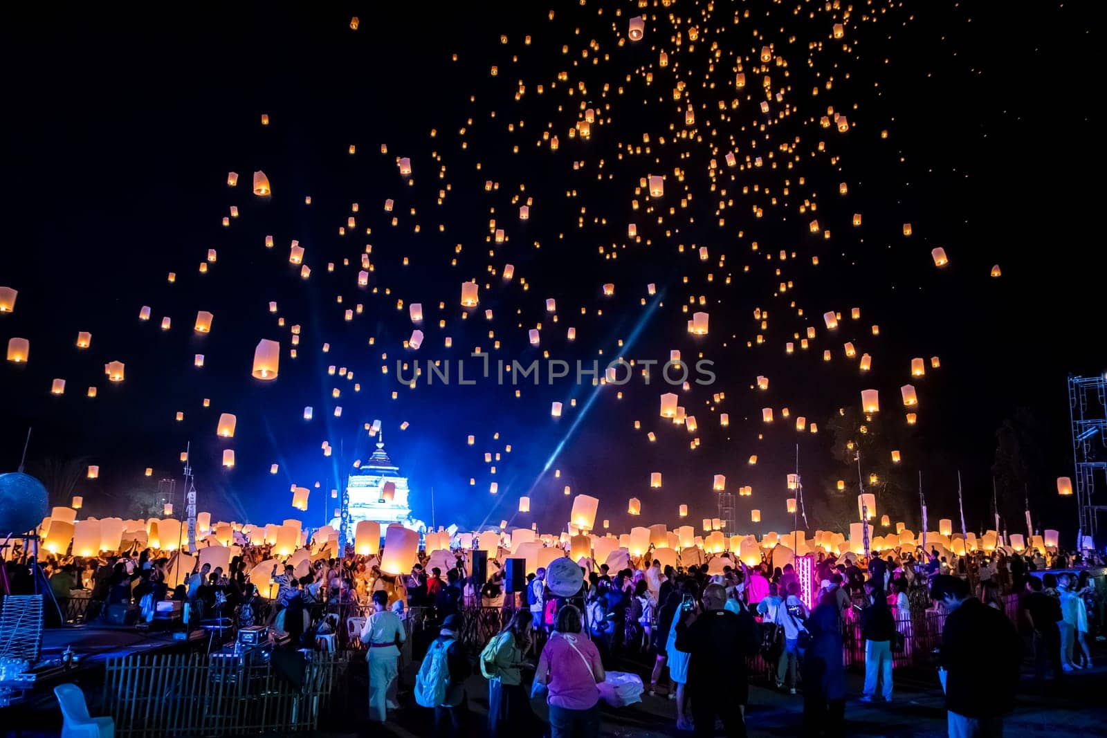 Sky lantern mass release event for Yee Peng and Loy Krathong festival in Chiang Mai, Thailand, south east asia