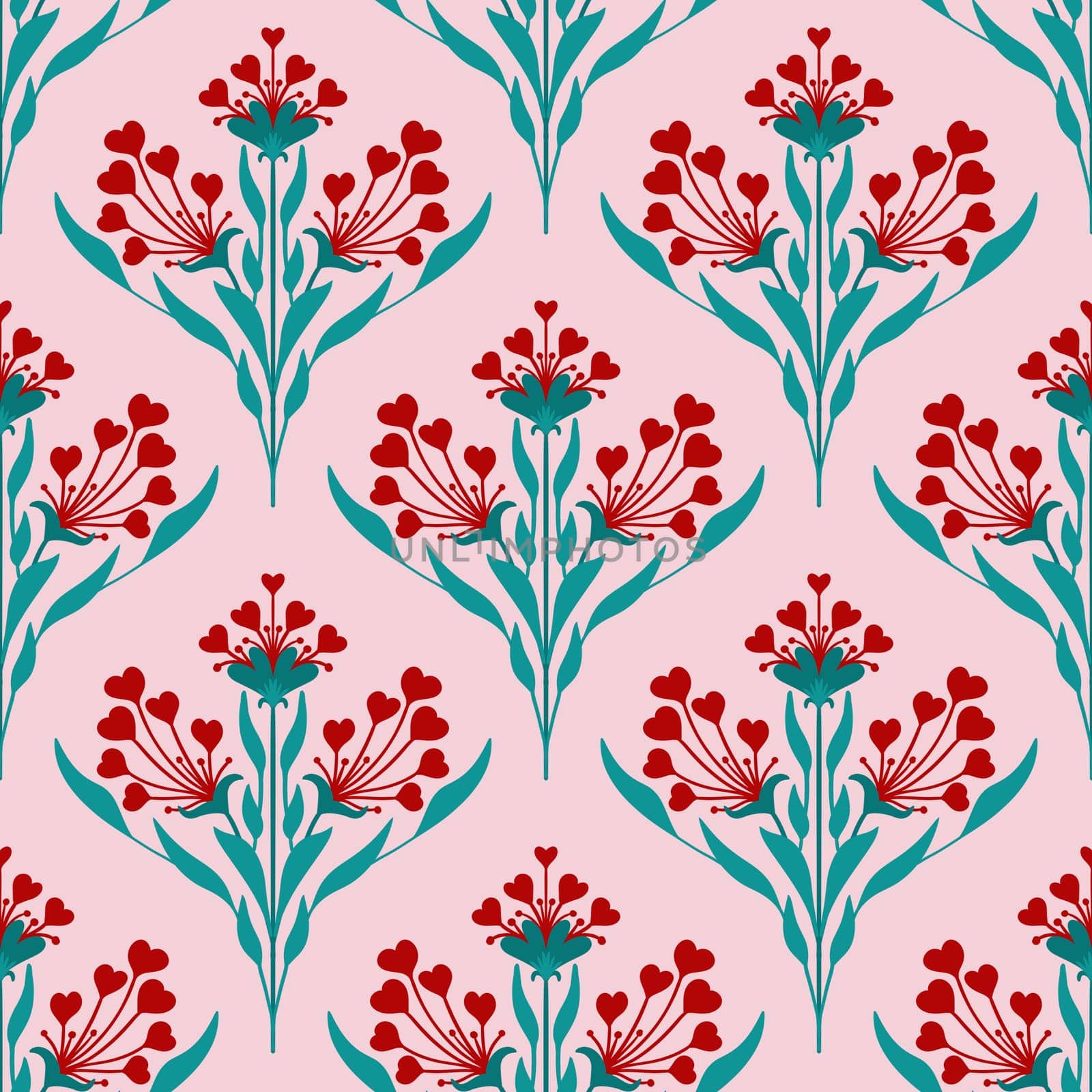 Hand drawn seamless pattern in flower floral st Valentine day style. Elegant colorful love retro vintage design, victorian fabric print, red hearts white emerald green leaves lines, modern damask. by Lagmar