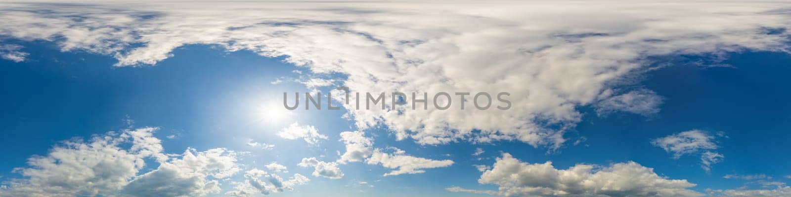 Blue summer sky panorama with Cumulus clouds. Seamless hdr spherical 360 panorama. Zenith or sky dome in 3D visualization, sky replacement for aerial drone 360 panoramas. Weather and climate change by Matiunina