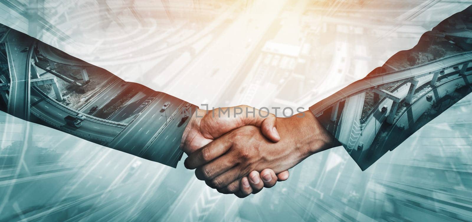 Double exposure image of business people handshake on city office building in background show partnership success of business deal. Concept of corporate teamwork, trust partner and work agreement. uds