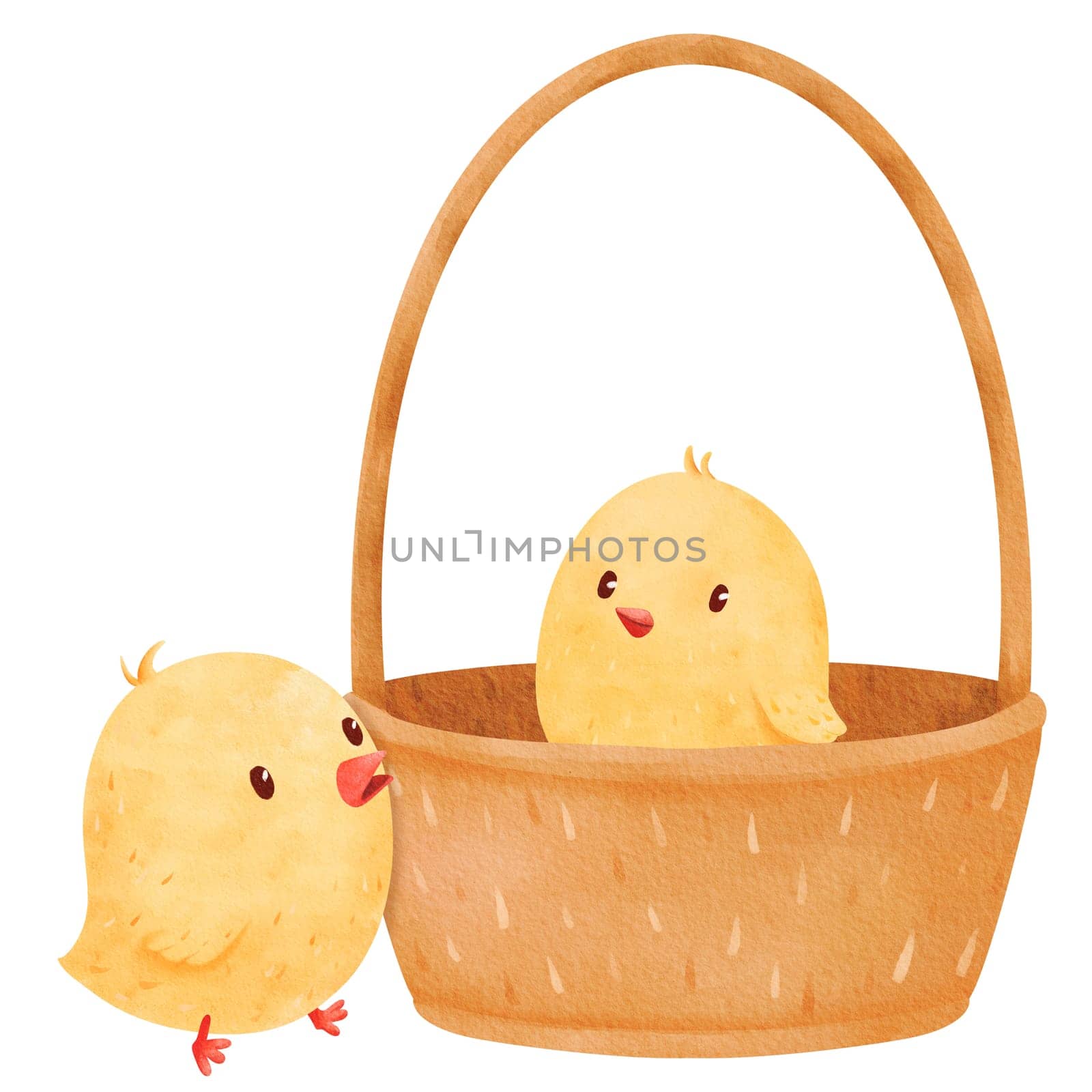 Watercolor composition showcasing two lively chicks. one frolicking inside a basket, the other outside. Cartoon-style illustration capturing the playful spirit of small yellow birds. card and print.
