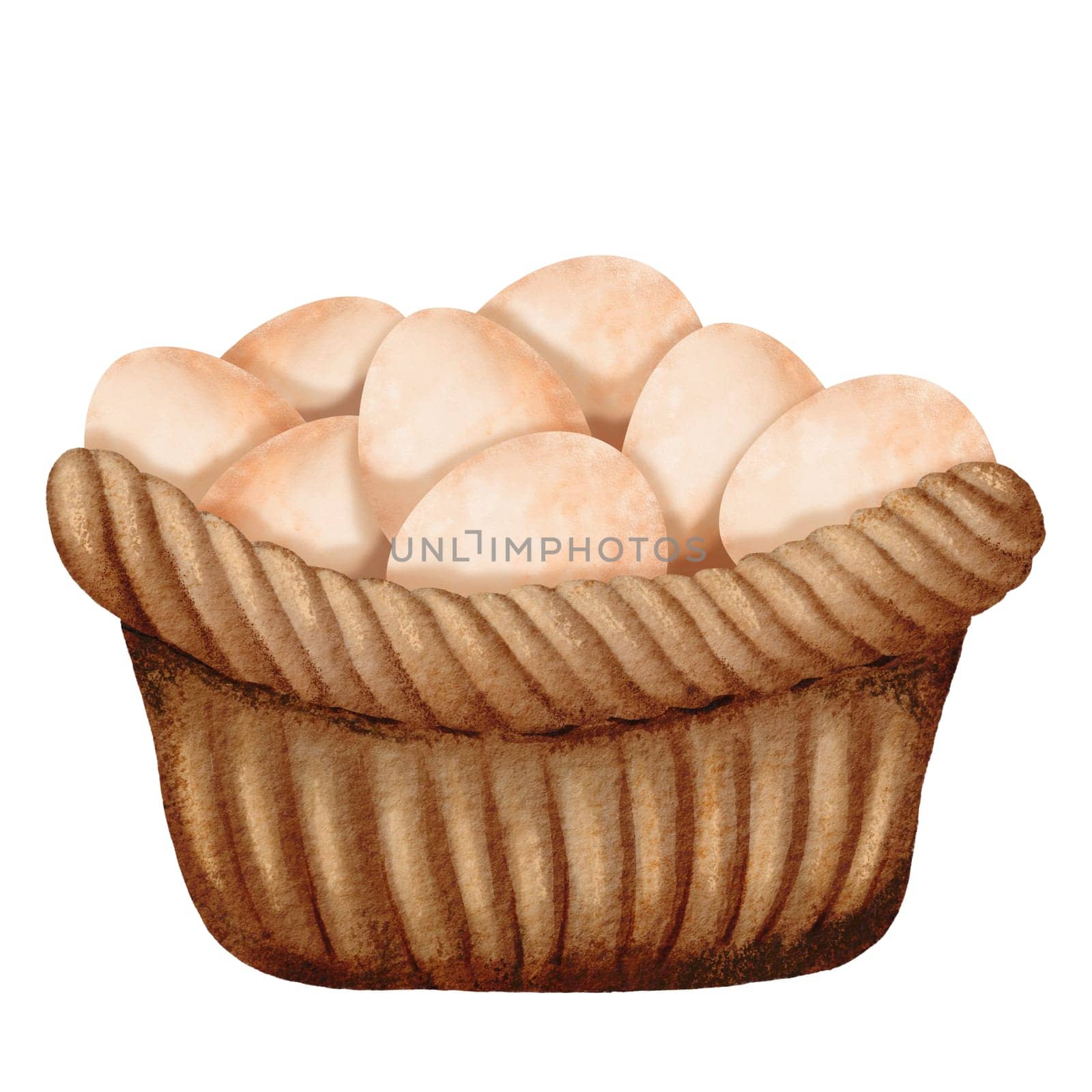 Watercolor illustration of a brown woven basket filled with fresh eggs. Captures the rustic charm of a simple, country-inspired scene. Perfect for conveying a wholesome, farm-fresh atmosphere.