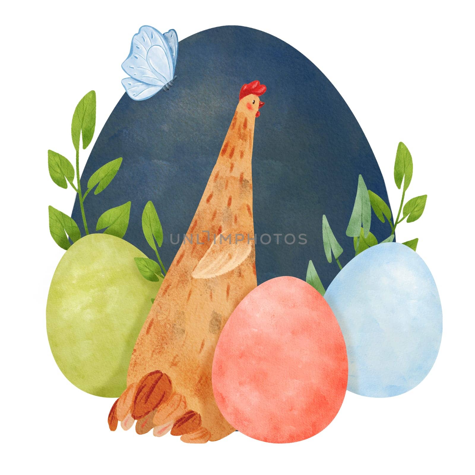Easter watercolor composition featuring a whimsical speckled hen, colorful dyed eggs, green branches, and a delicate blue butterfly. for creative applications, including cards and textile designs by Art_Mari_Ka