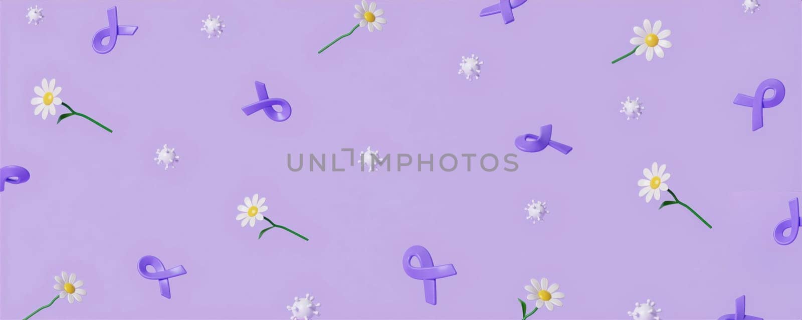purple ribbon with flowers and space for world Cancer Awareness Month and World Cancer Day banner background design in 3D illustration..