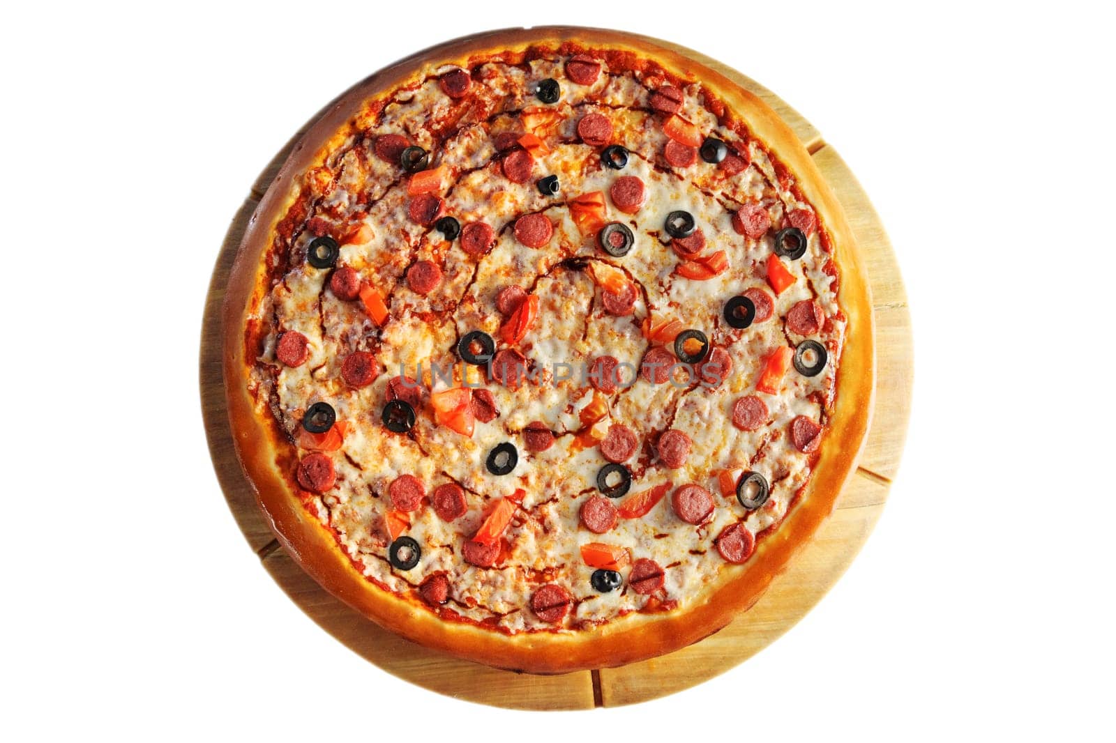 Pepperoni pizza adorned with black olives and red bell pepper slices, presented on a round wooden board isolated on a white background
