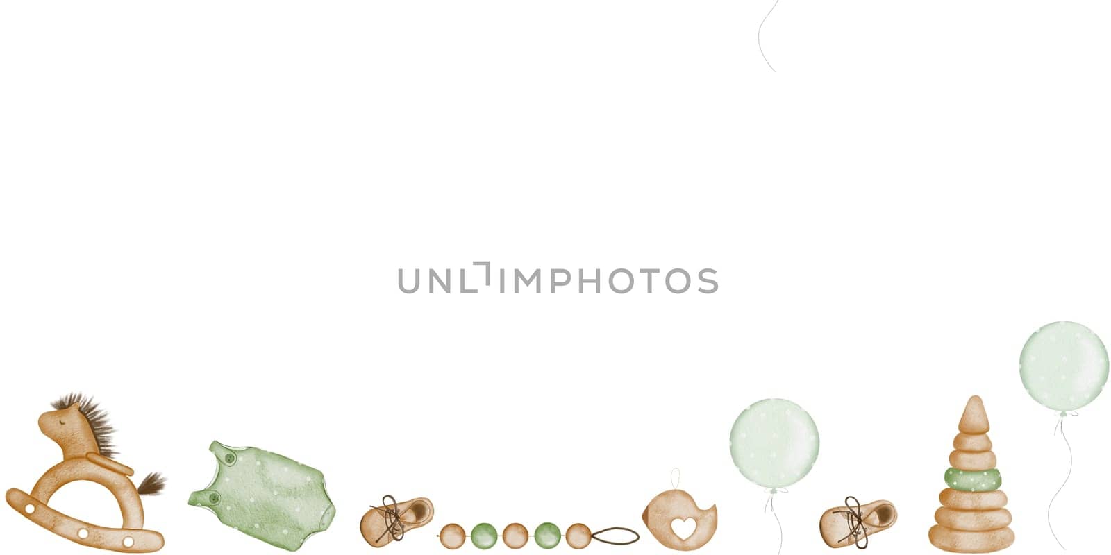Watercolor border of baby toys in retro style. Cute illustrations in pastel colors on a white background. Kawaii picture of a horse, pyramid, balloon for children's design and textiles. High quality illustration