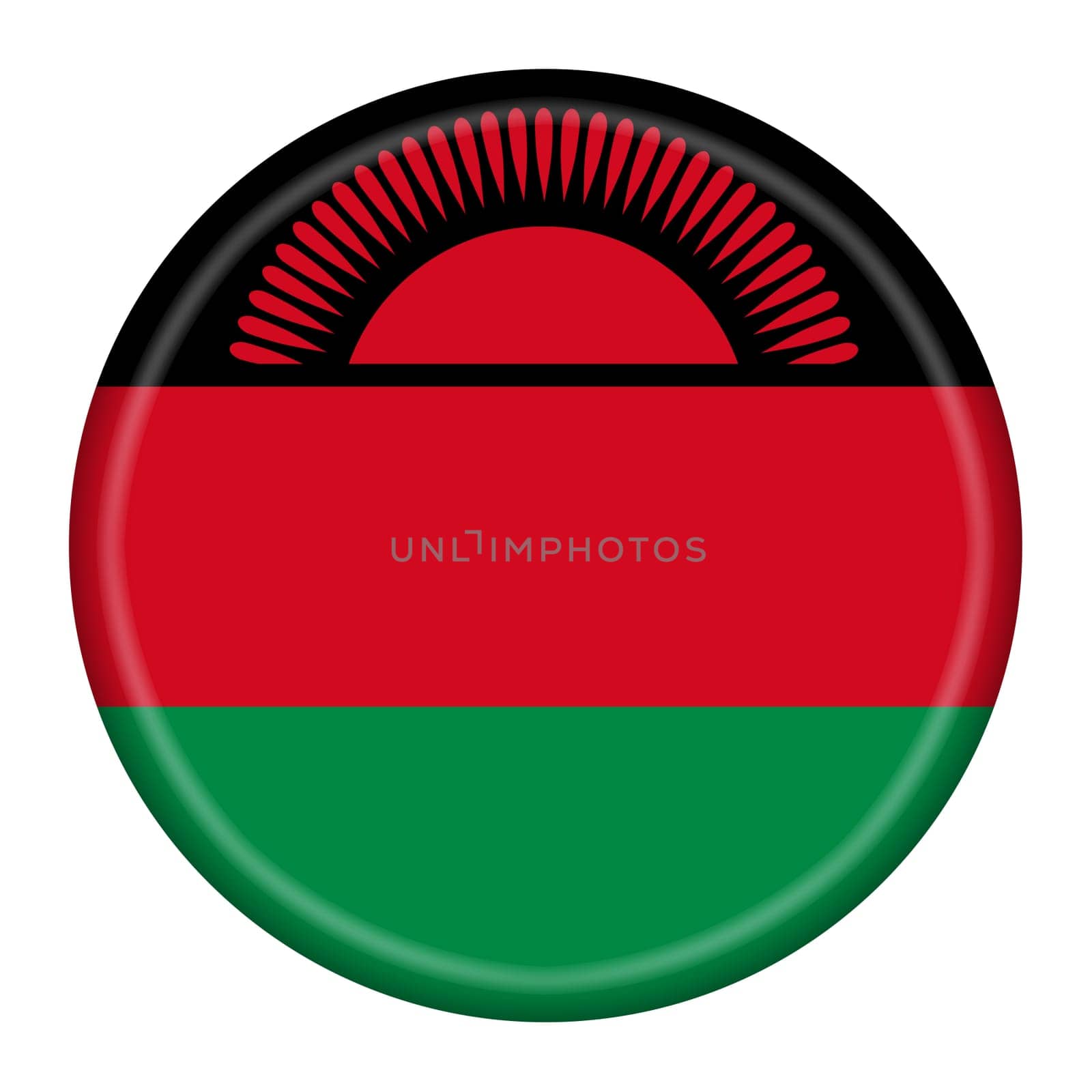 A Malawi flag button 3d illustration with clipping path rising sun red green black
