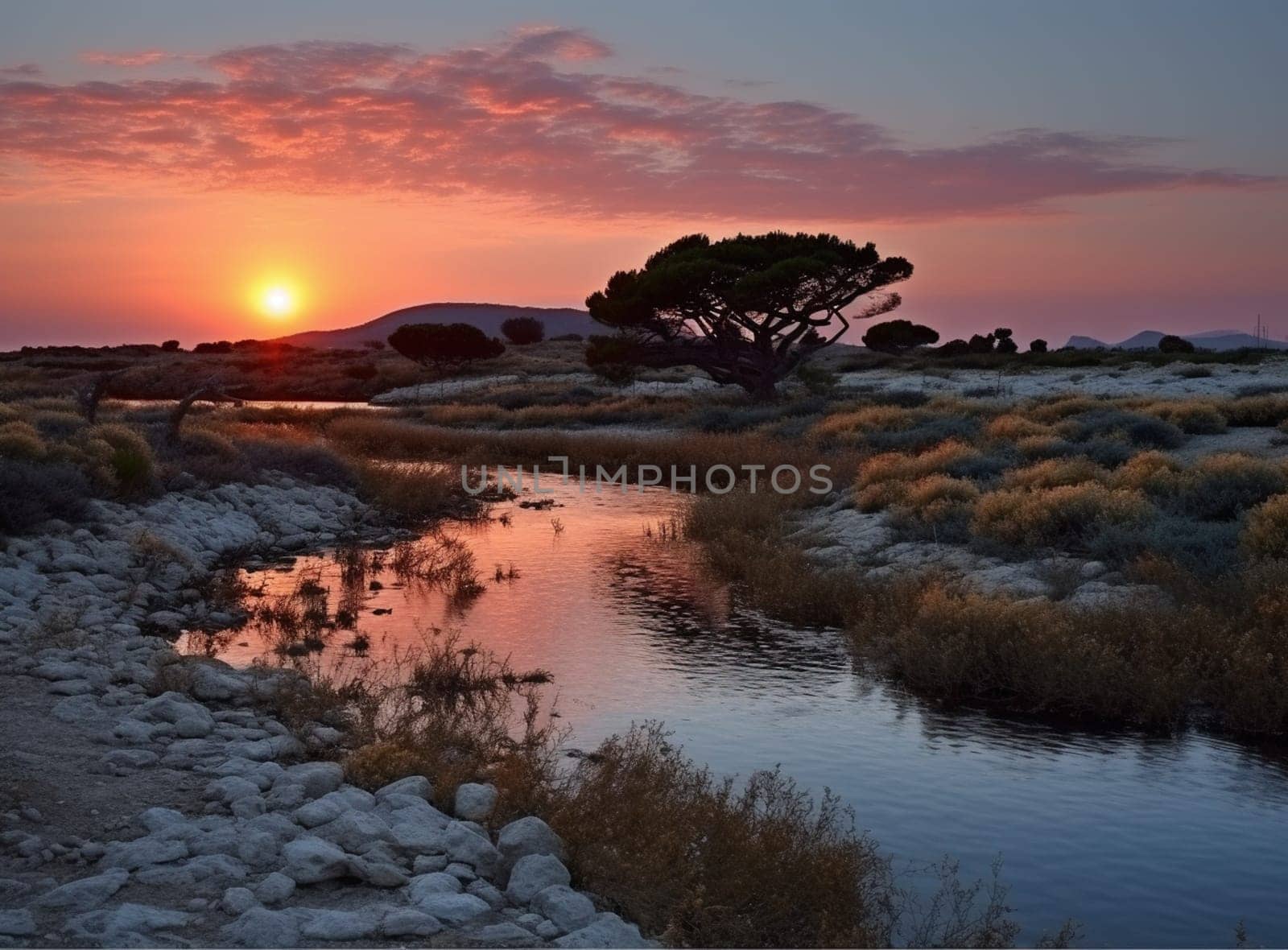 A Golden Sunset with a reflection on water at a sand pit. High quality photo