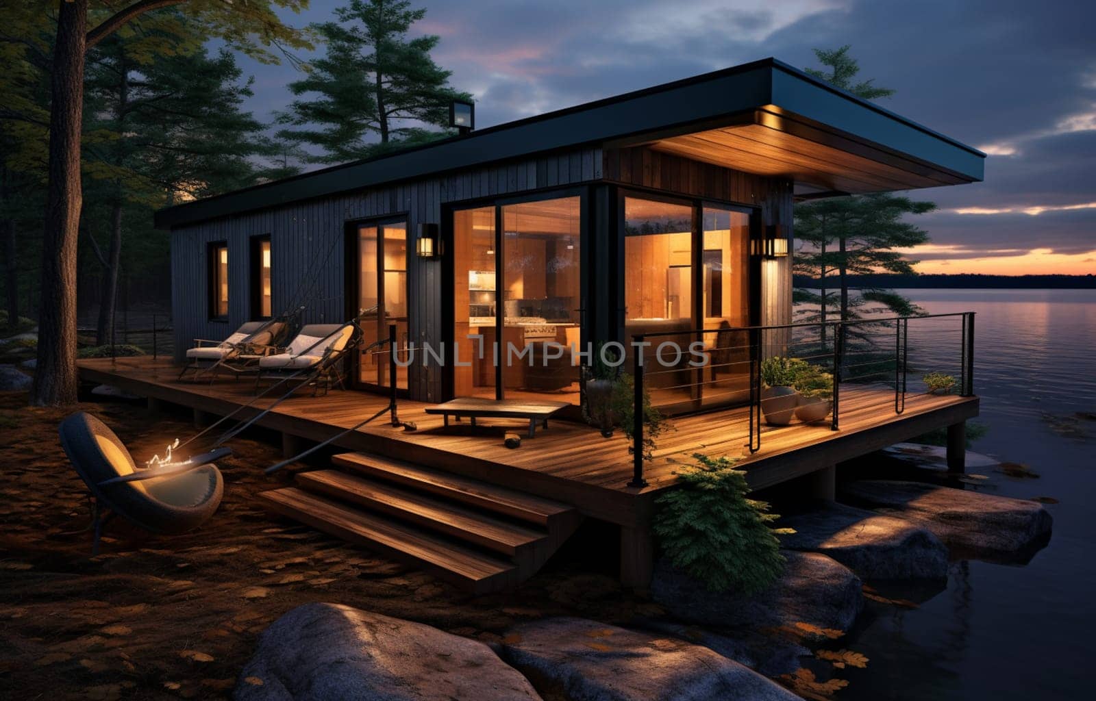 wooden house night view in the forest. High quality photo