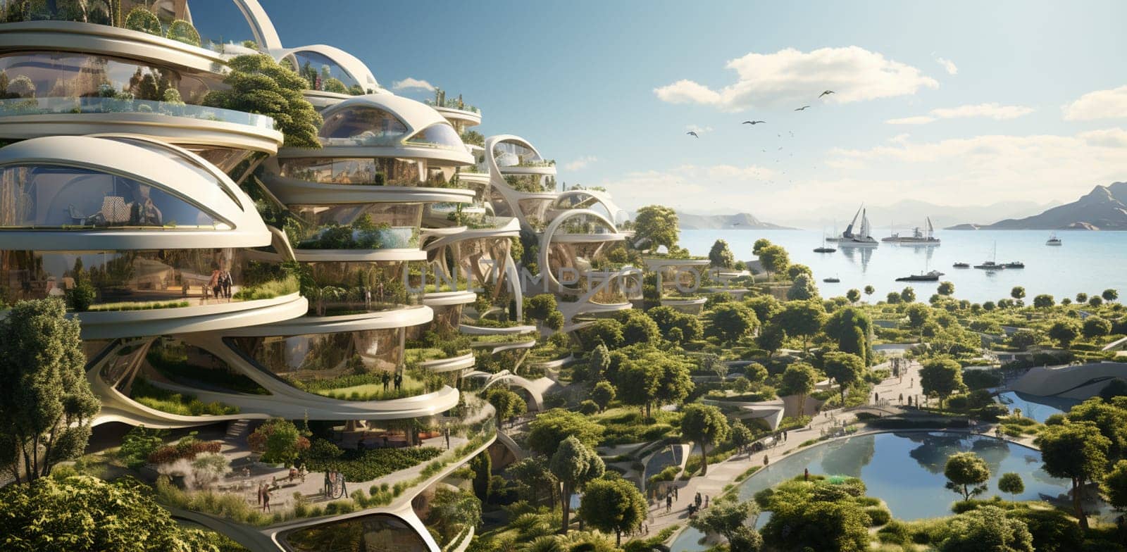 3D rendering of a futuristic modern construction with vegetation growing on it. High quality photo