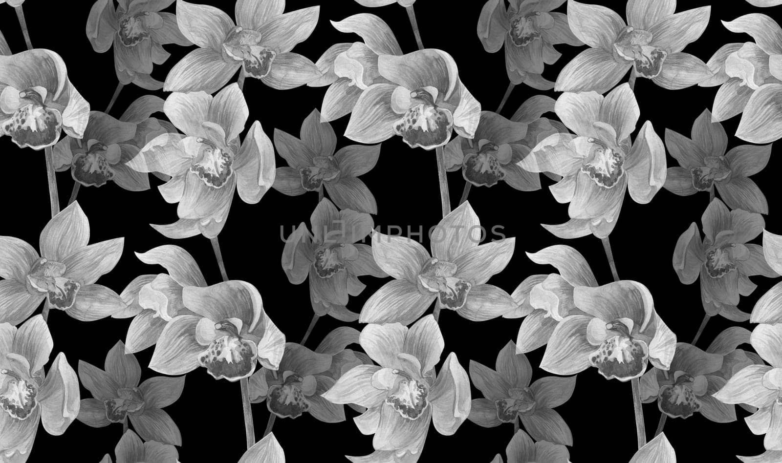 black and white watercolor seamless pattern with orchid flowers on black background for textile and surface design